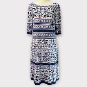 Eliza J Dress Size 8 Shift Paisley Stripe Blue, Salmon, White Boatneck Dress